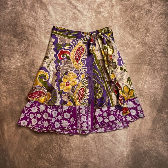 Urban Nomad Floral Silk Wrap Mini Skirt Reversible Multicolor Layered Bohemian - Picture 1 of 7